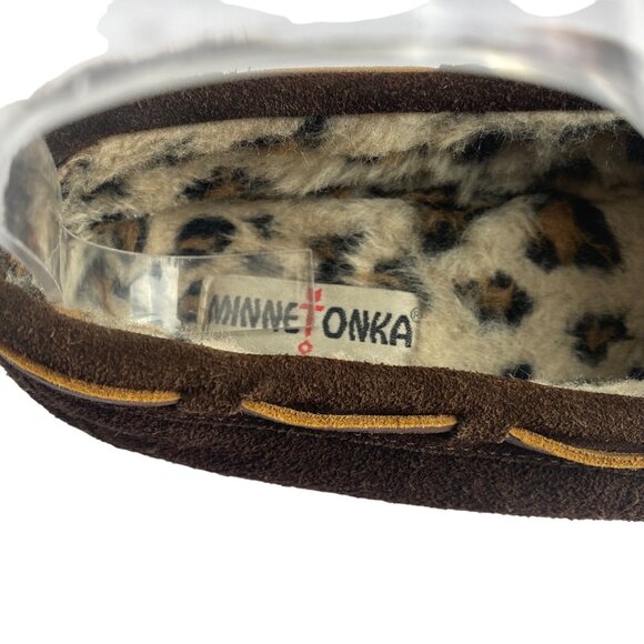 Minnetonka Brown Suede Leather Moccasin Slippers Women Size 8 Faux Fur Lining - Picture 3 of 9